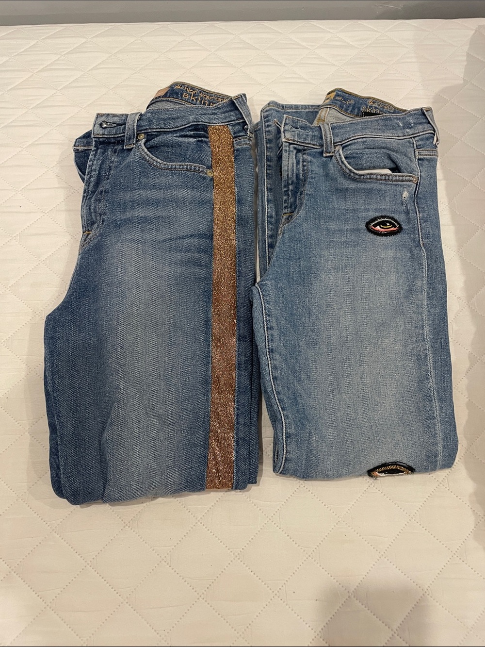 7 For All Mankind Light Blue Skinny Jeans with Gold Metallic Side Stripe